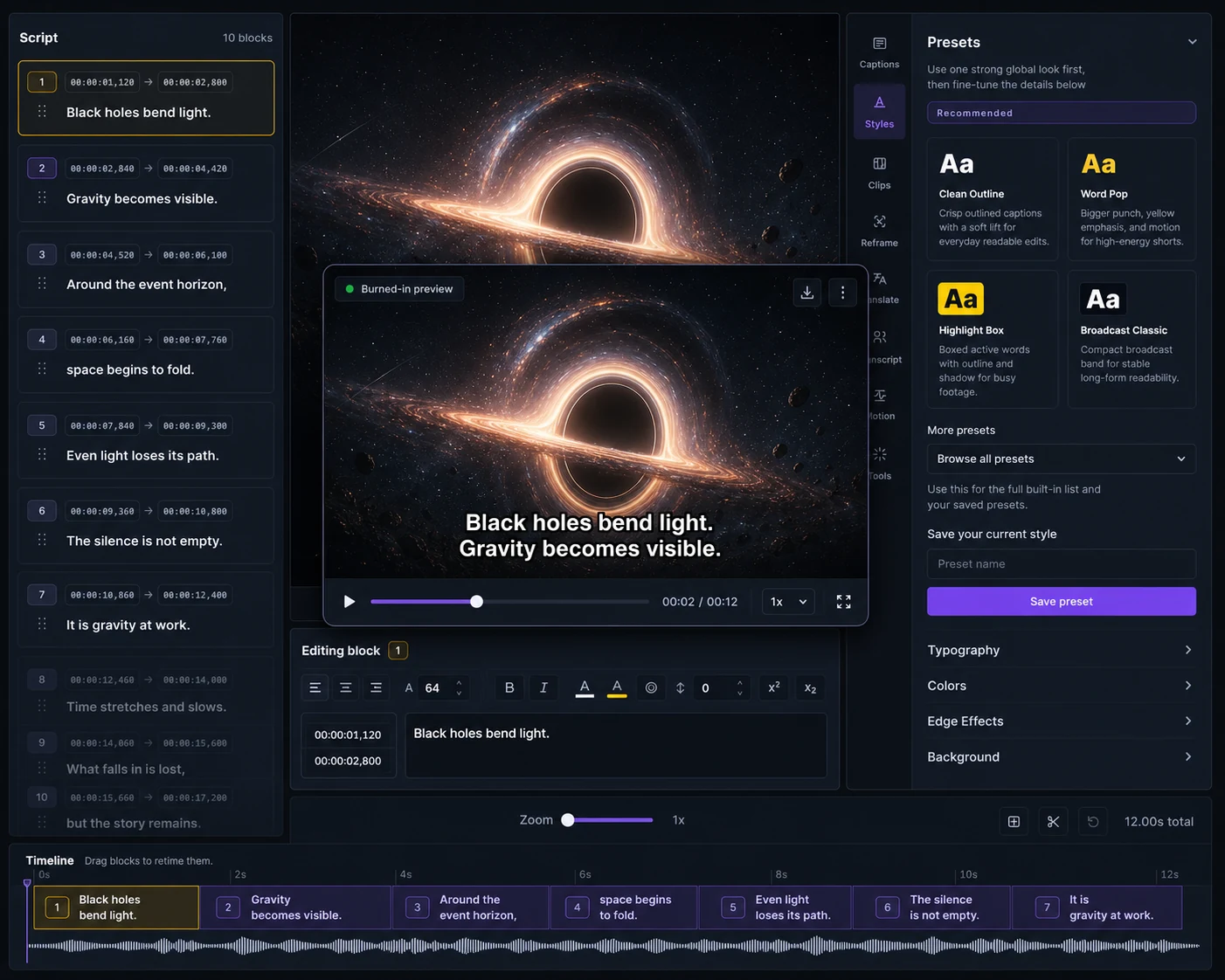 Captn timing editor showing subtitle blocks synced against video preview.