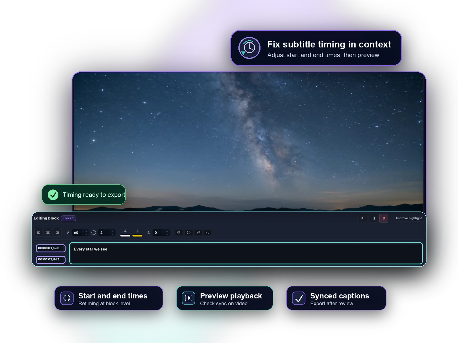 Captn subtitle timing workflow collage showing start and end time controls beside a captioned video preview.