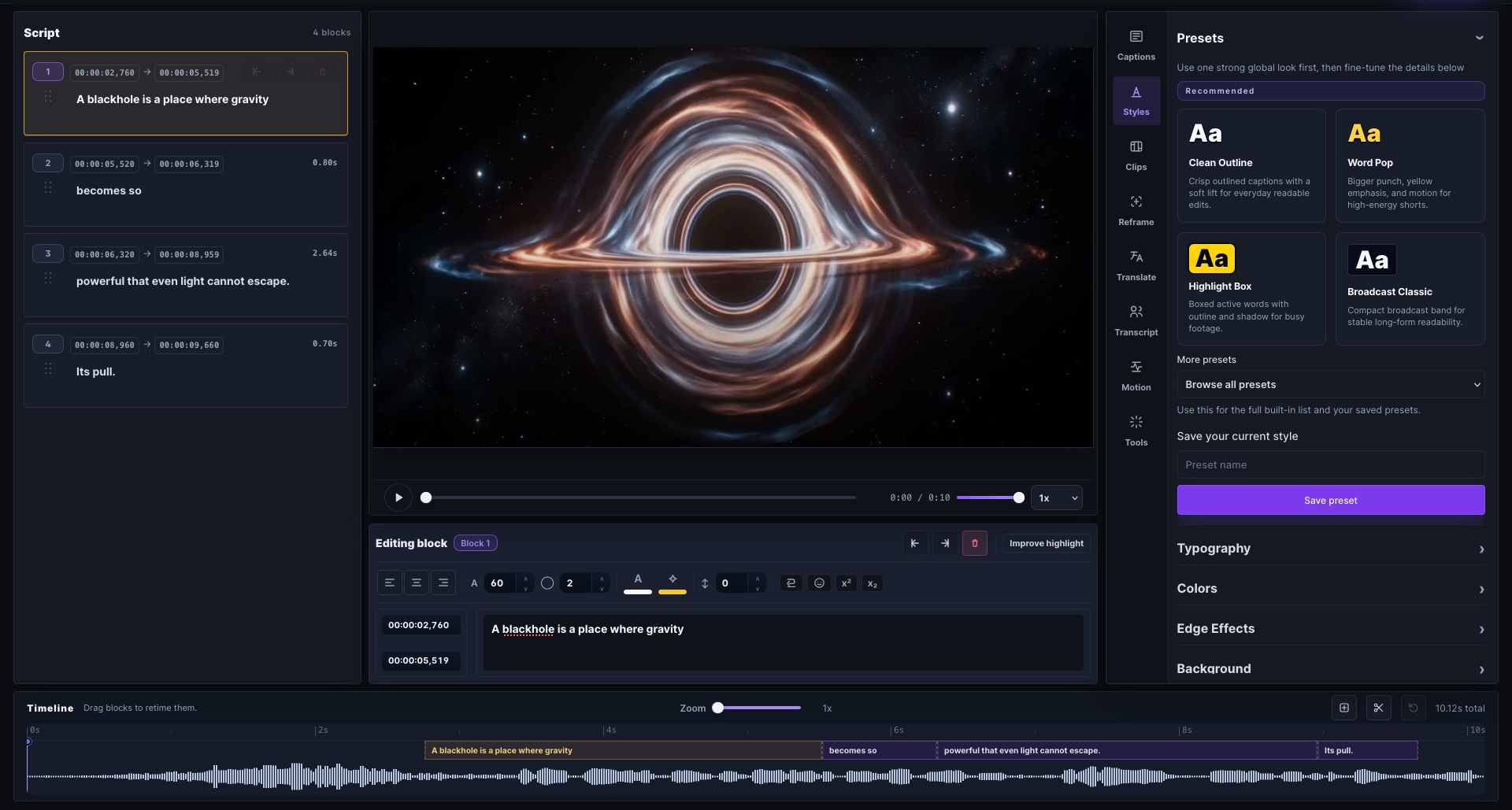 Captn editor showing generated subtitle blocks that can be cleaned before export.