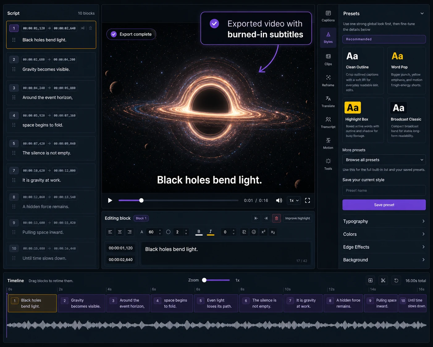 Captn add-subtitles workflow showing subtitle blocks, video preview, caption styling controls and export-ready captions.