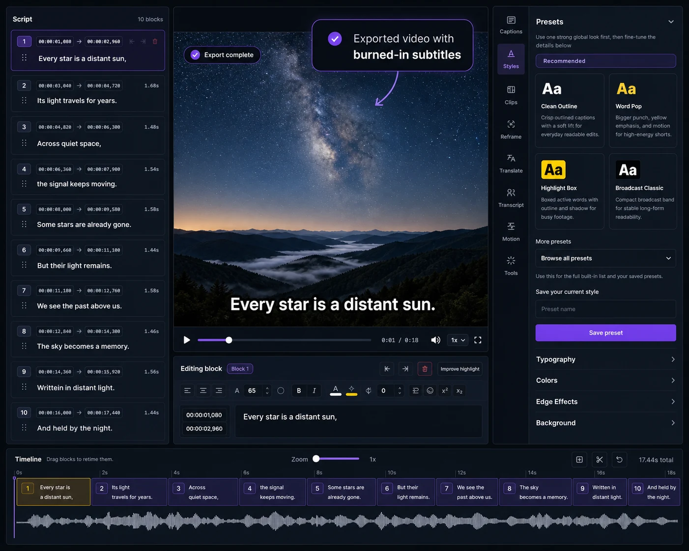 Captn subtitle generator showing editable subtitle blocks, video preview, styling controls and export-ready captions.