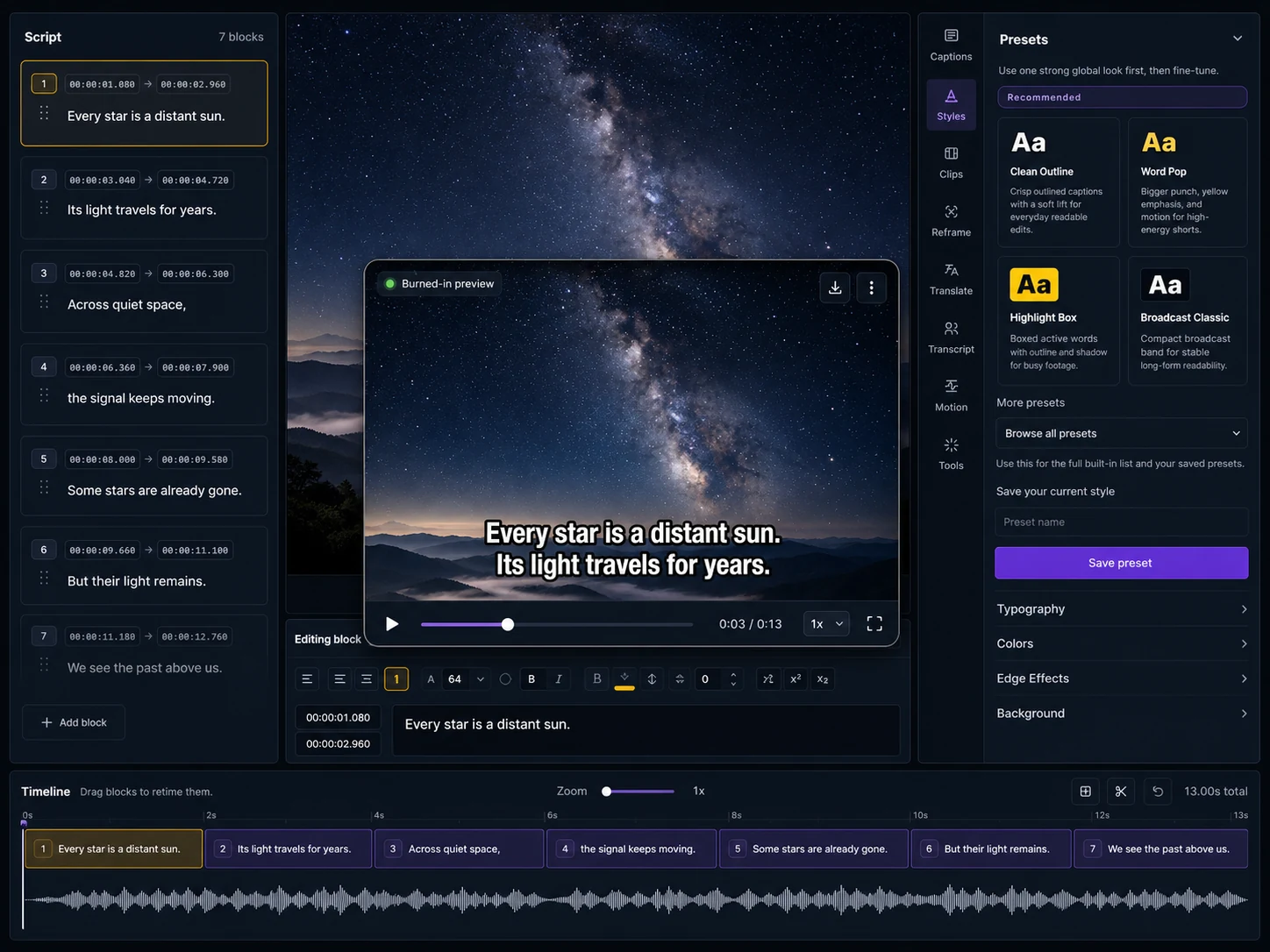 Captn subtitle editor with video preview, subtitle blocks and export controls.