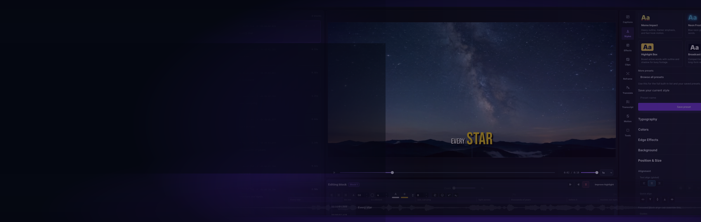 Captn editor showing subtitles styled on a video with timeline controls.