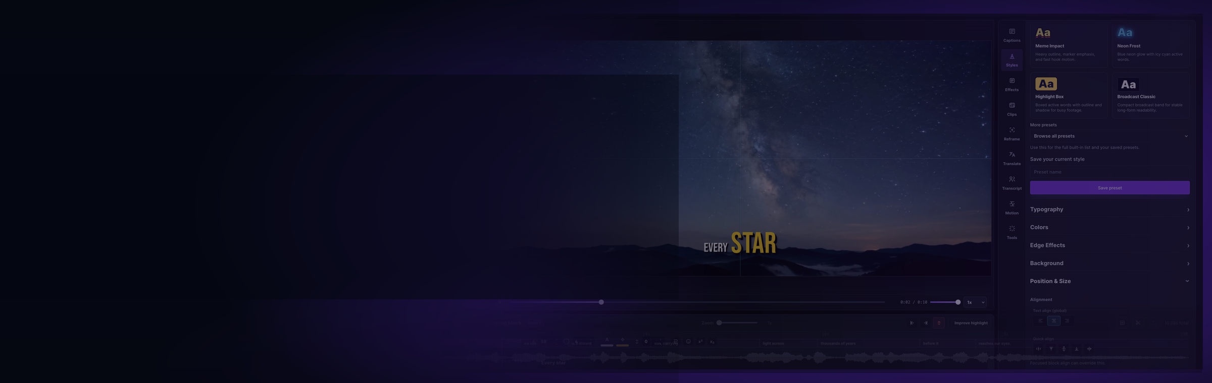 Captn subtitle editor workflow with video preview, styles panel, and timeline.
